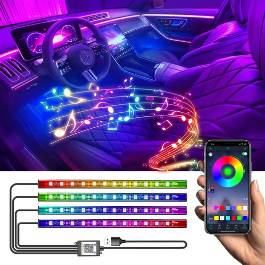 LED Car Interior Ambient Foot Light Strip Neon Lighting Backlight Kit W/ USB Remote App Music Control Auto RGB Decorative Lamps